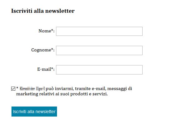 Il form per l'iscrizione alle newsletter riporta una dicitura personalizzabile conforme al GDPR